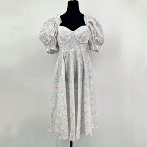 Selkie Puff Sleeve Pastel Floral Puff-Sleeve Midi Dress Large